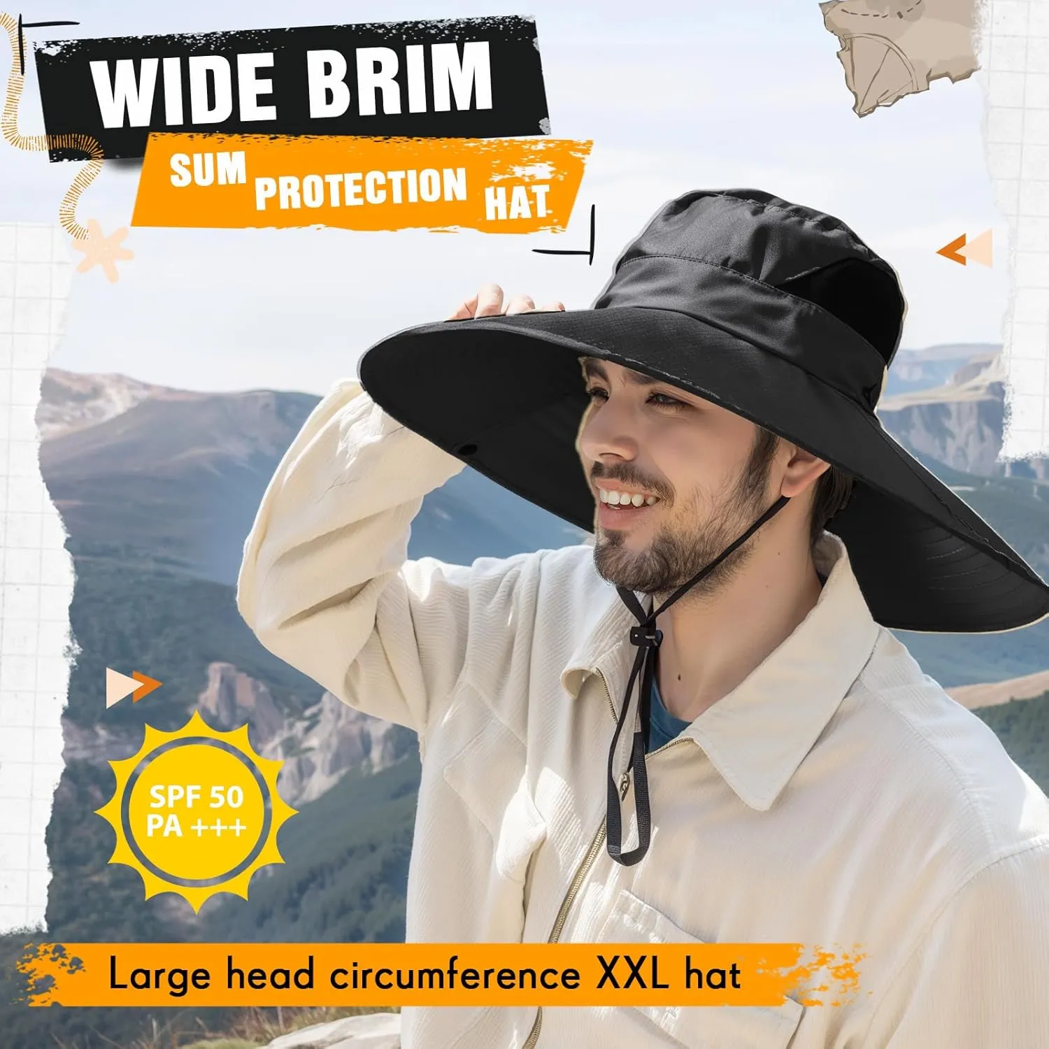 Oversize Sun Hat Men XXL Wide Brim Bucket Hat Big Head Waterproof UPF 50  Summer Sun Cap for Fishing Hiking Safari