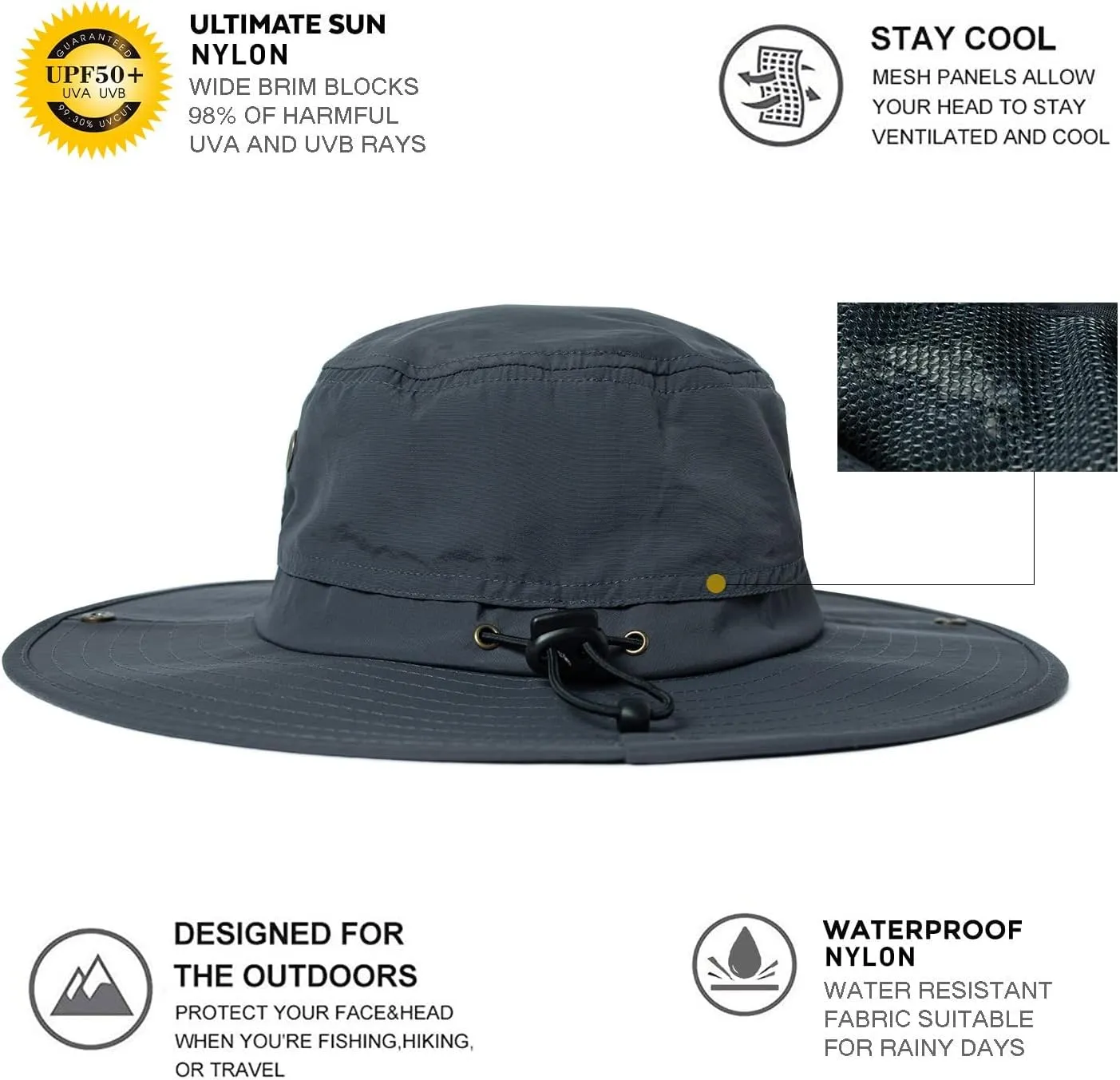 Oversize XL XXL Large Wide Brim Waterproof UPF 50  Bucket Sun Summer Travel Fishing Hiking Fisherman Hat Detachable Chin