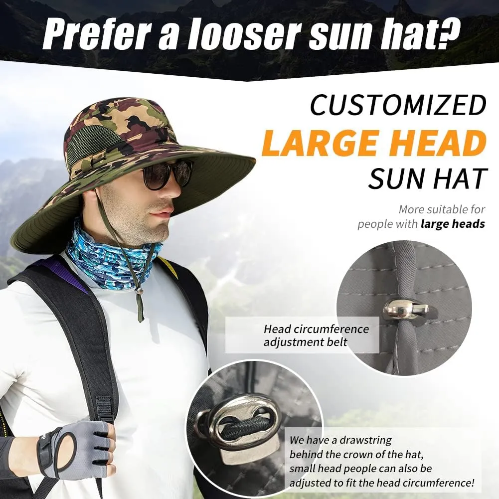 【Oversize XXL&Wide Brim】 Sun Hats for Men, 【UPF50 Waterproof】 Fishing-Hat Boonie Bucket for Hiking Safari Beach Garden