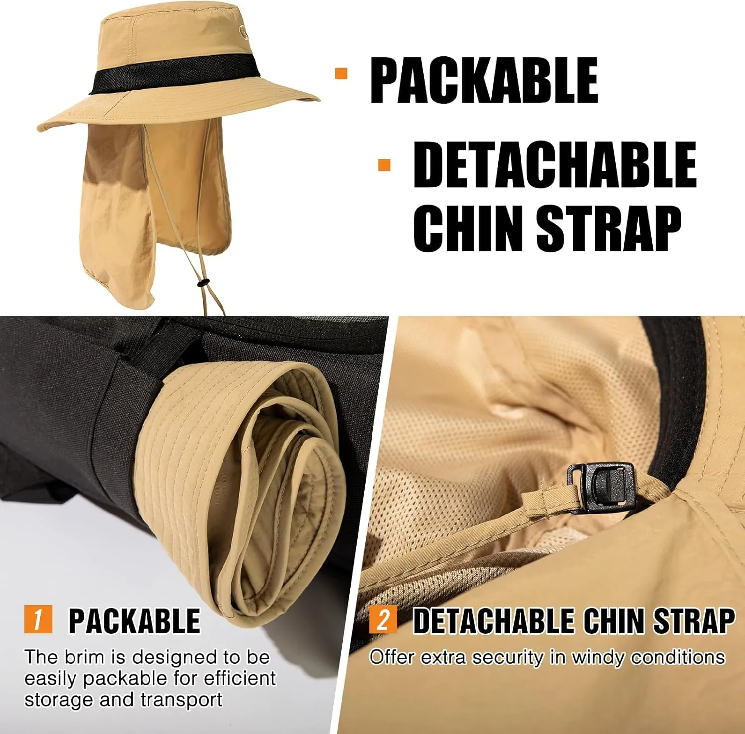 Oversized XL XXL Men's UV 50 Waterproof Packable Mesh Neck Flap Sun Fishing Hat Bucket Bonnie Hiking