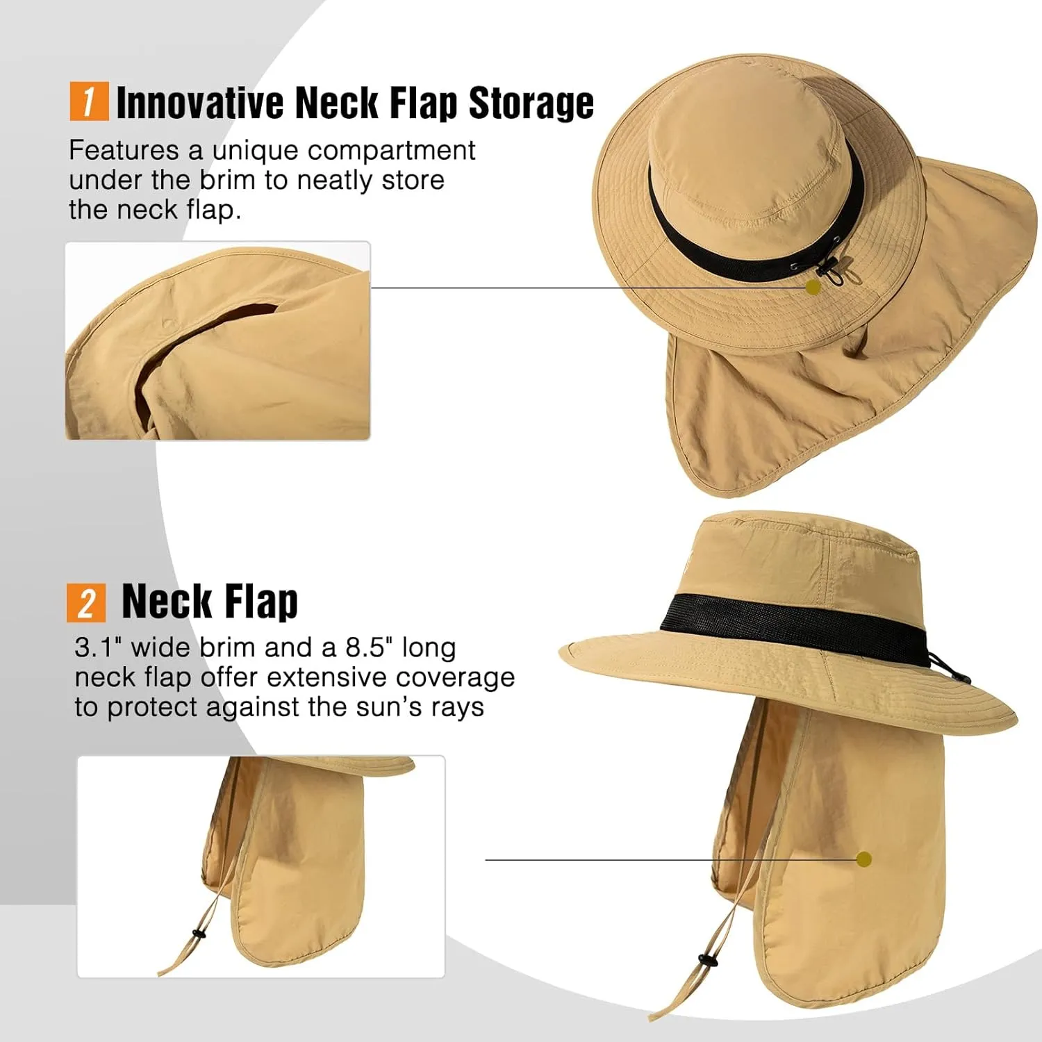 Oversized XL XXL Men's UV 50 Waterproof Packable Mesh Neck Flap Sun Fishing Hat Bucket Bonnie Hiking