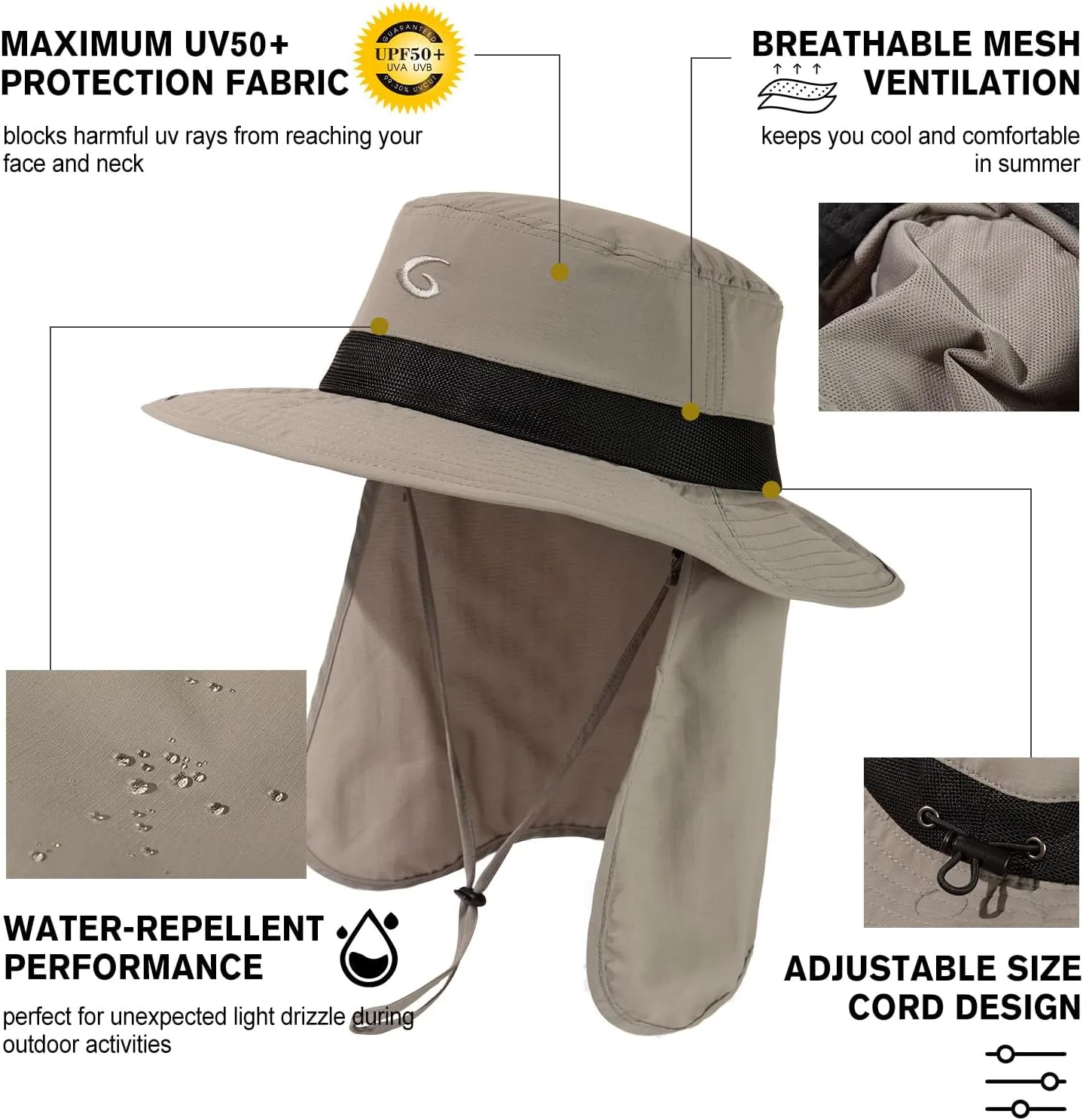 Oversized XL XXL Men's UV 50 Waterproof Packable Mesh Neck Flap Sun Fishing Hat Bucket Bonnie Hiking