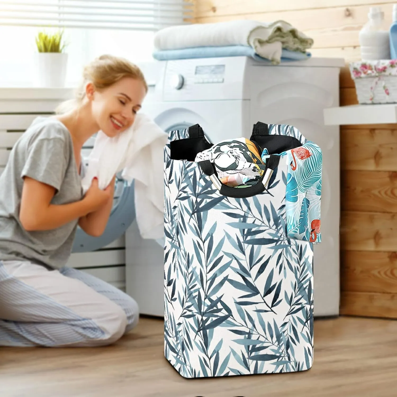 Oyihfvs Blue and Indigo Pattern of Tree Branches with Leaves on White Laundry Hamper Basket Bucket, Foldable Dirty Clothes Bag, Waterproof Fabric Washing Bin, Toy Storage with Handles for Bathroom