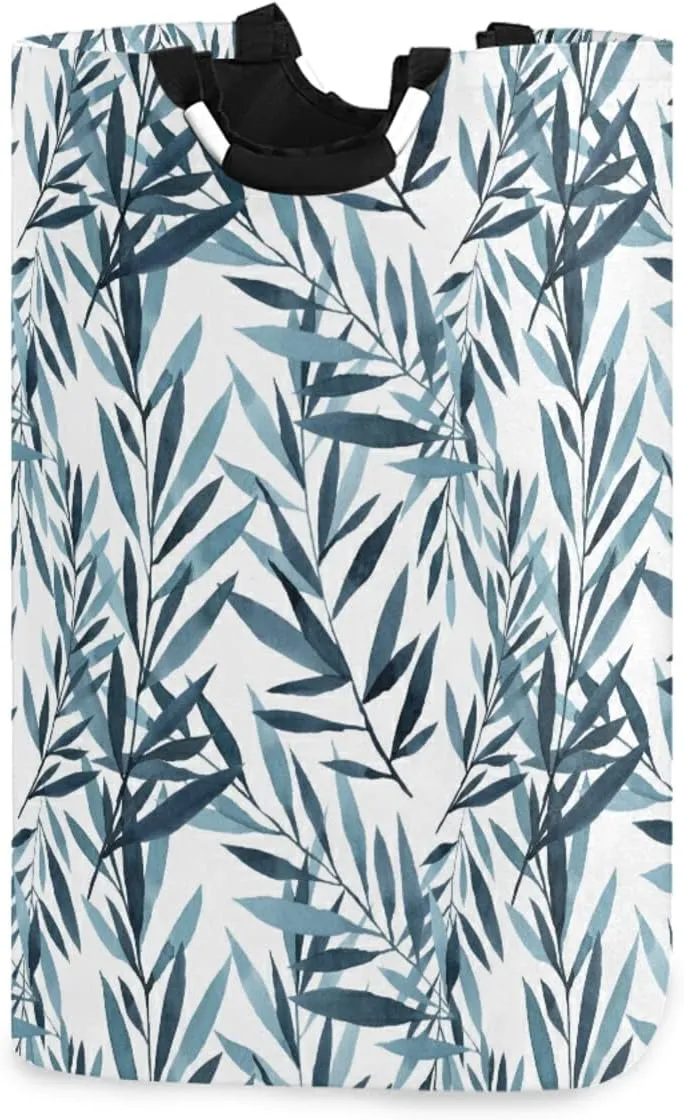 Oyihfvs Blue and Indigo Pattern of Tree Branches with Leaves on White Laundry Hamper Basket Bucket, Foldable Dirty Clothes Bag, Waterproof Fabric Washing Bin, Toy Storage with Handles for Bathroom