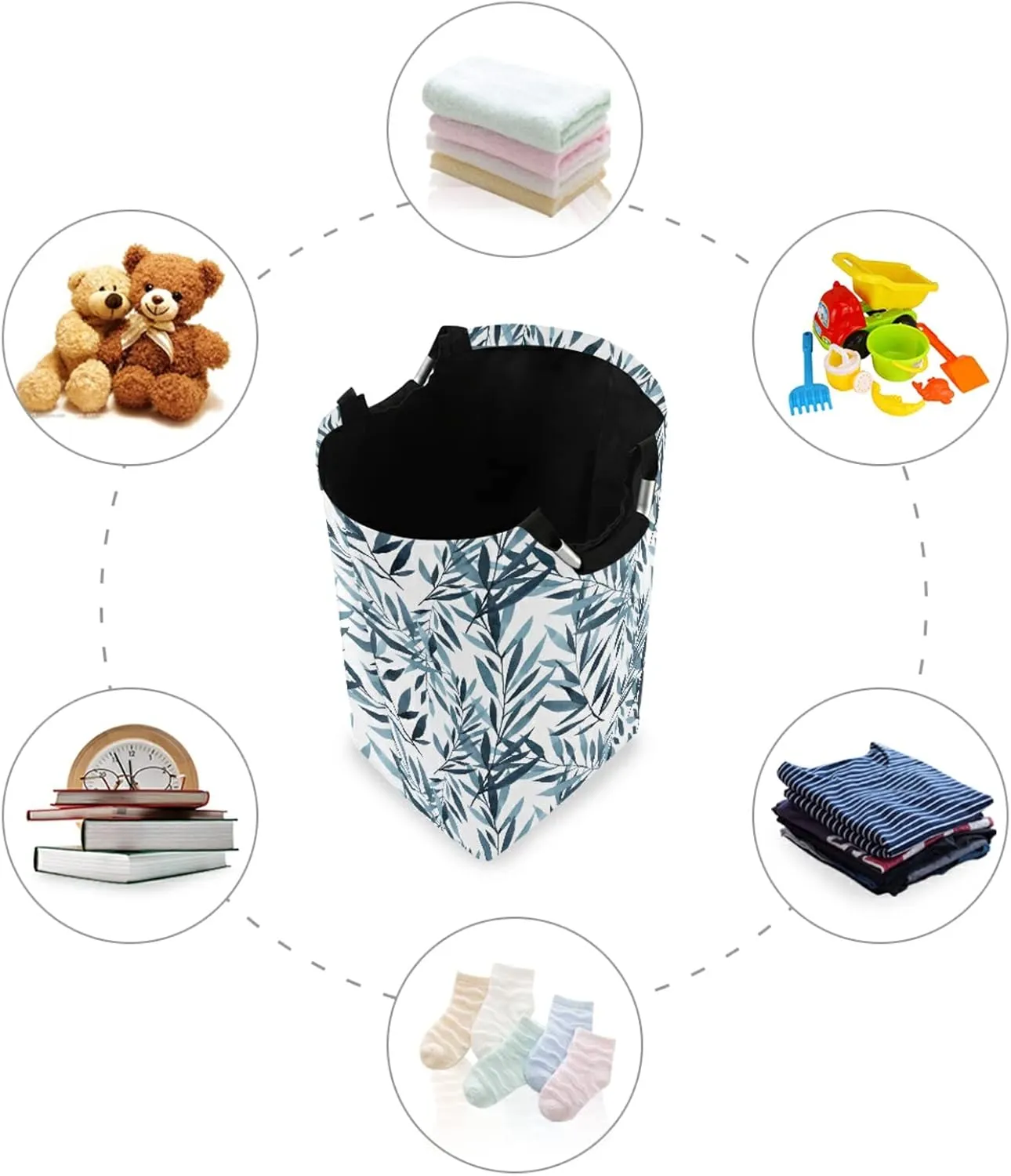 Oyihfvs Blue and Indigo Pattern of Tree Branches with Leaves on White Laundry Hamper Basket Bucket, Foldable Dirty Clothes Bag, Waterproof Fabric Washing Bin, Toy Storage with Handles for Bathroom