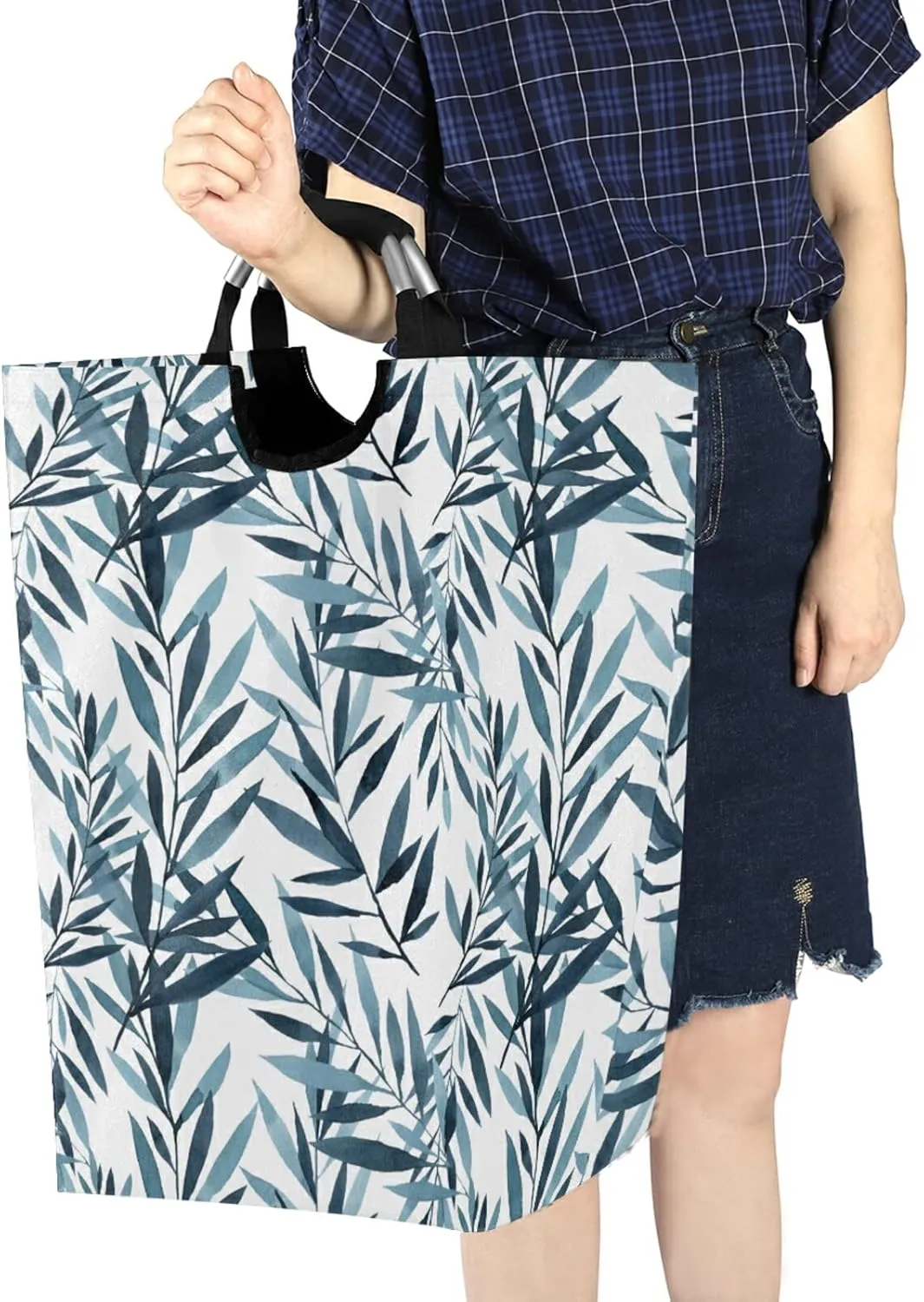 Oyihfvs Blue and Indigo Pattern of Tree Branches with Leaves on White Laundry Hamper Basket Bucket, Foldable Dirty Clothes Bag, Waterproof Fabric Washing Bin, Toy Storage with Handles for Bathroom