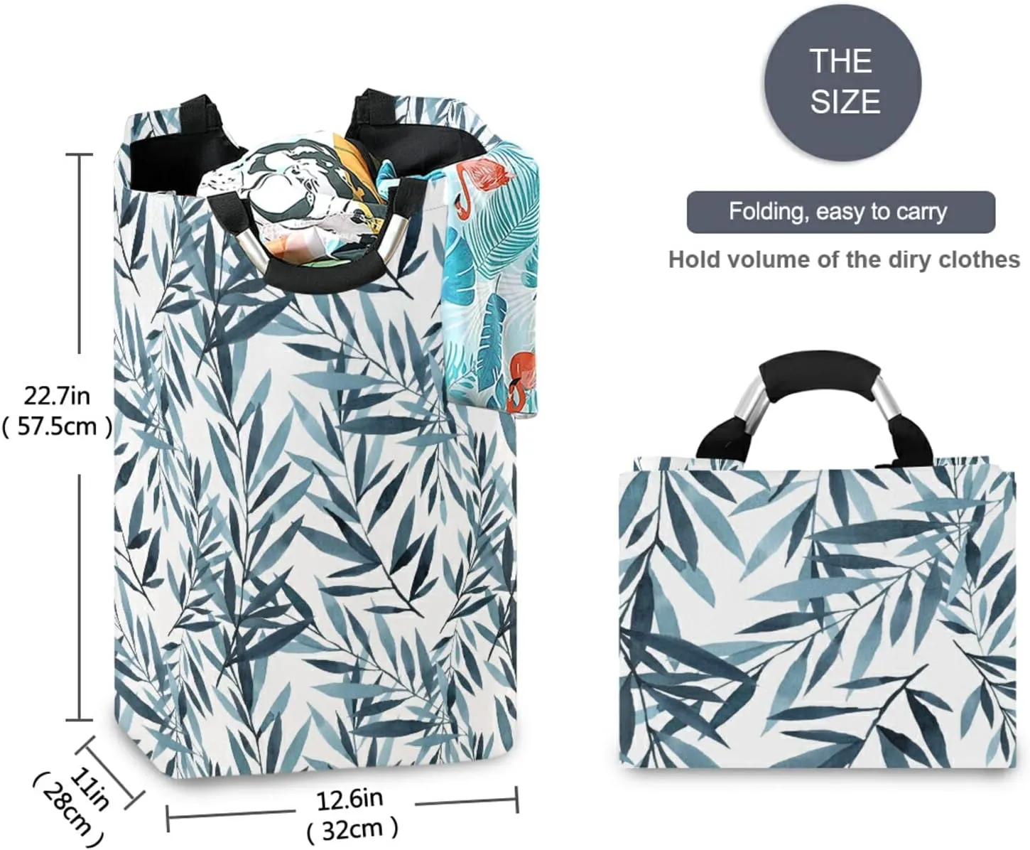 Oyihfvs Blue and Indigo Pattern of Tree Branches with Leaves on White Laundry Hamper Basket Bucket, Foldable Dirty Clothes Bag, Waterproof Fabric Washing Bin, Toy Storage with Handles for Bathroom
