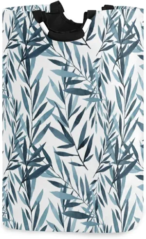 Oyihfvs Blue and Indigo Pattern of Tree Branches with Leaves on White Laundry Hamper Basket Bucket, Foldable Dirty Clothes Bag, Waterproof Fabric Washing Bin, Toy Storage with Handles for Bathroom