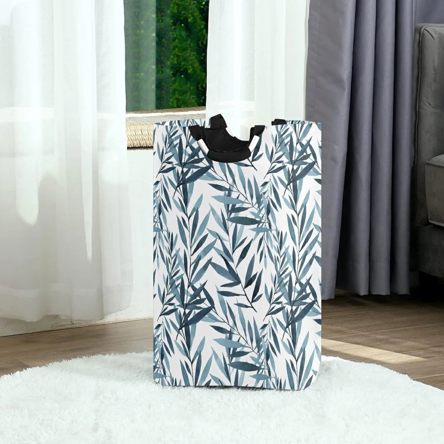 Oyihfvs Blue and Indigo Pattern of Tree Branches with Leaves on White Laundry Hamper Basket Bucket, Foldable Dirty Clothes Bag, Waterproof Fabric Washing Bin, Toy Storage with Handles for Bathroom
