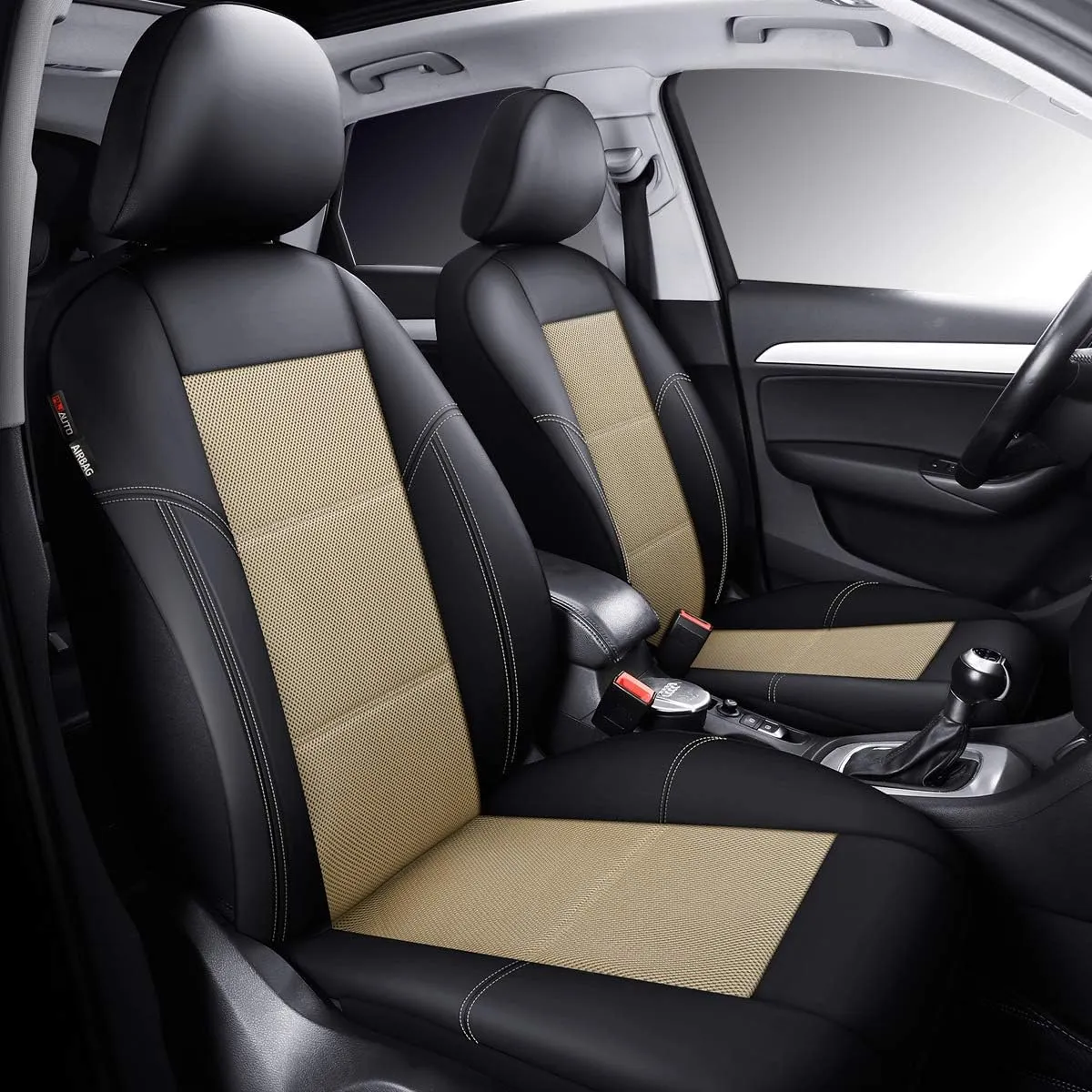 P&J AUTO Leather and Mesh Car Seat Cover Front Pair Universal Fit for Cars Trucks Vans & SUVs Airbag Compatible (Beige)