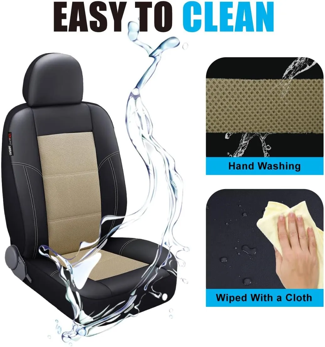 P&J AUTO Leather and Mesh Car Seat Cover Front Pair Universal Fit for Cars Trucks Vans & SUVs Airbag Compatible (Beige)