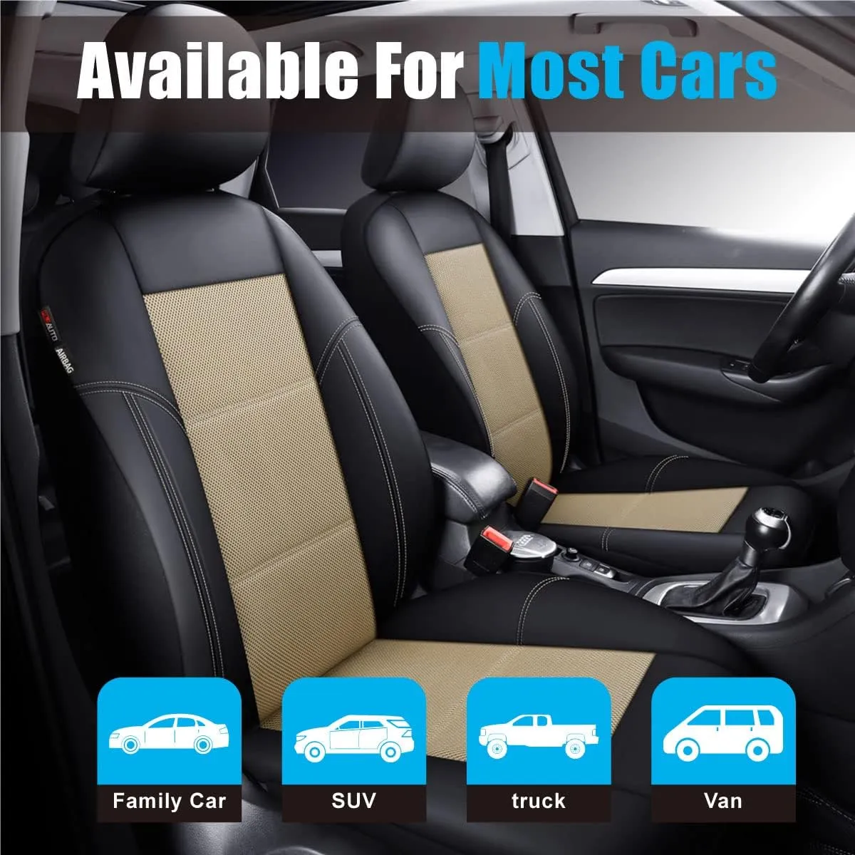 P&J AUTO Leather and Mesh Car Seat Cover Front Pair Universal Fit for Cars Trucks Vans & SUVs Airbag Compatible (Beige)