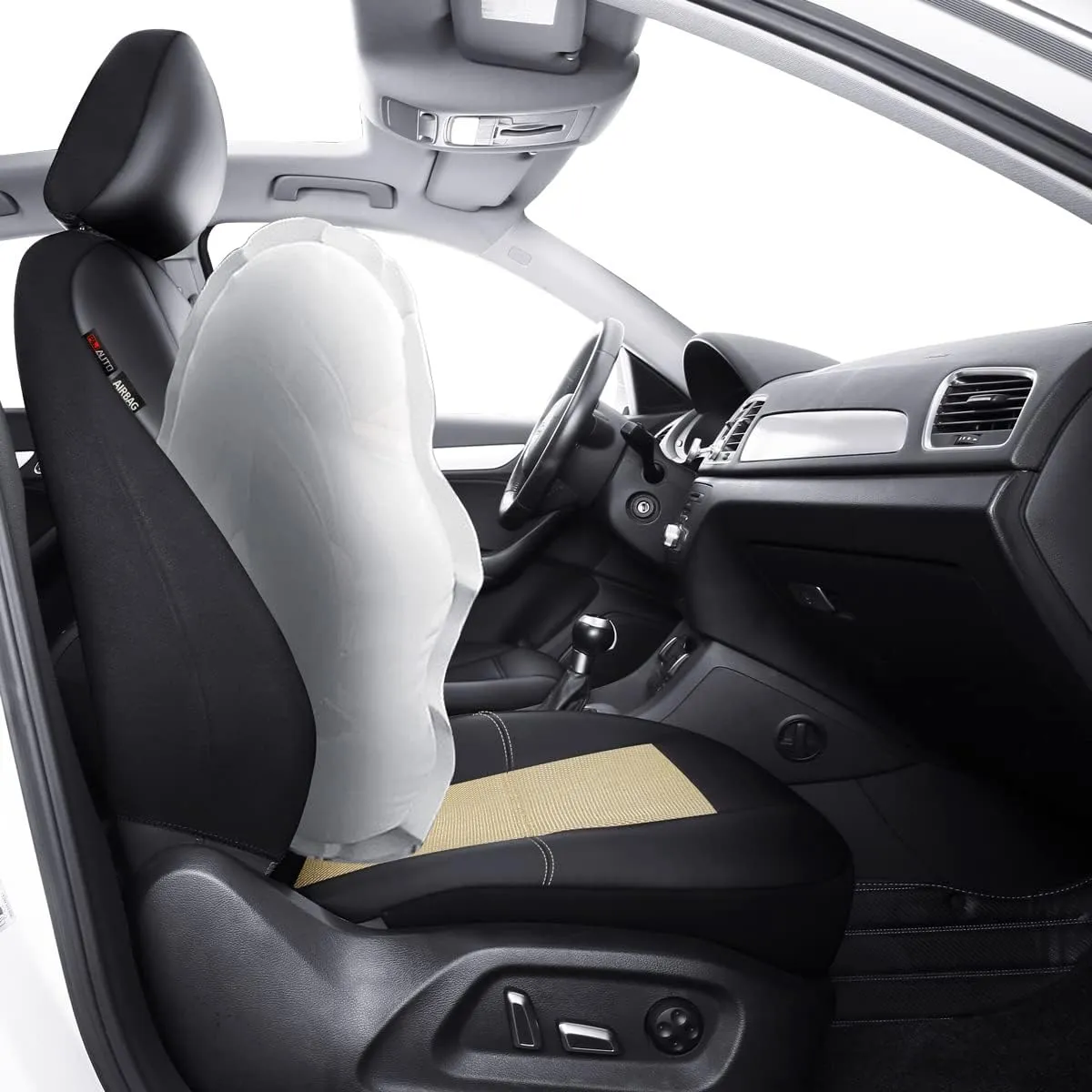 P&J AUTO Leather and Mesh Car Seat Cover Front Pair Universal Fit for Cars Trucks Vans & SUVs Airbag Compatible (Beige)