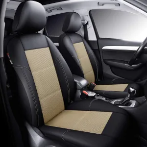 P&J AUTO Leather and Mesh Car Seat Cover Front Pair Universal Fit for Cars Trucks Vans & SUVs Airbag Compatible (Beige)