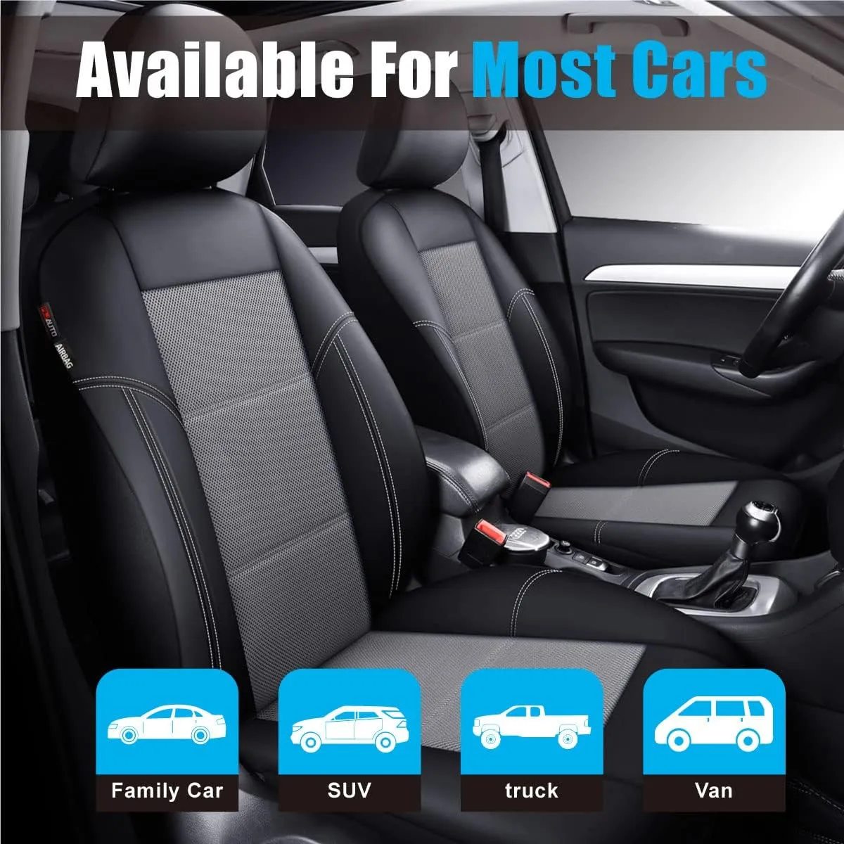 P&J AUTO Leather and Mesh Car Seat Cover Front Pair Universal Fit for Cars Trucks Vans & SUVs Airbag Compatible (Grey)