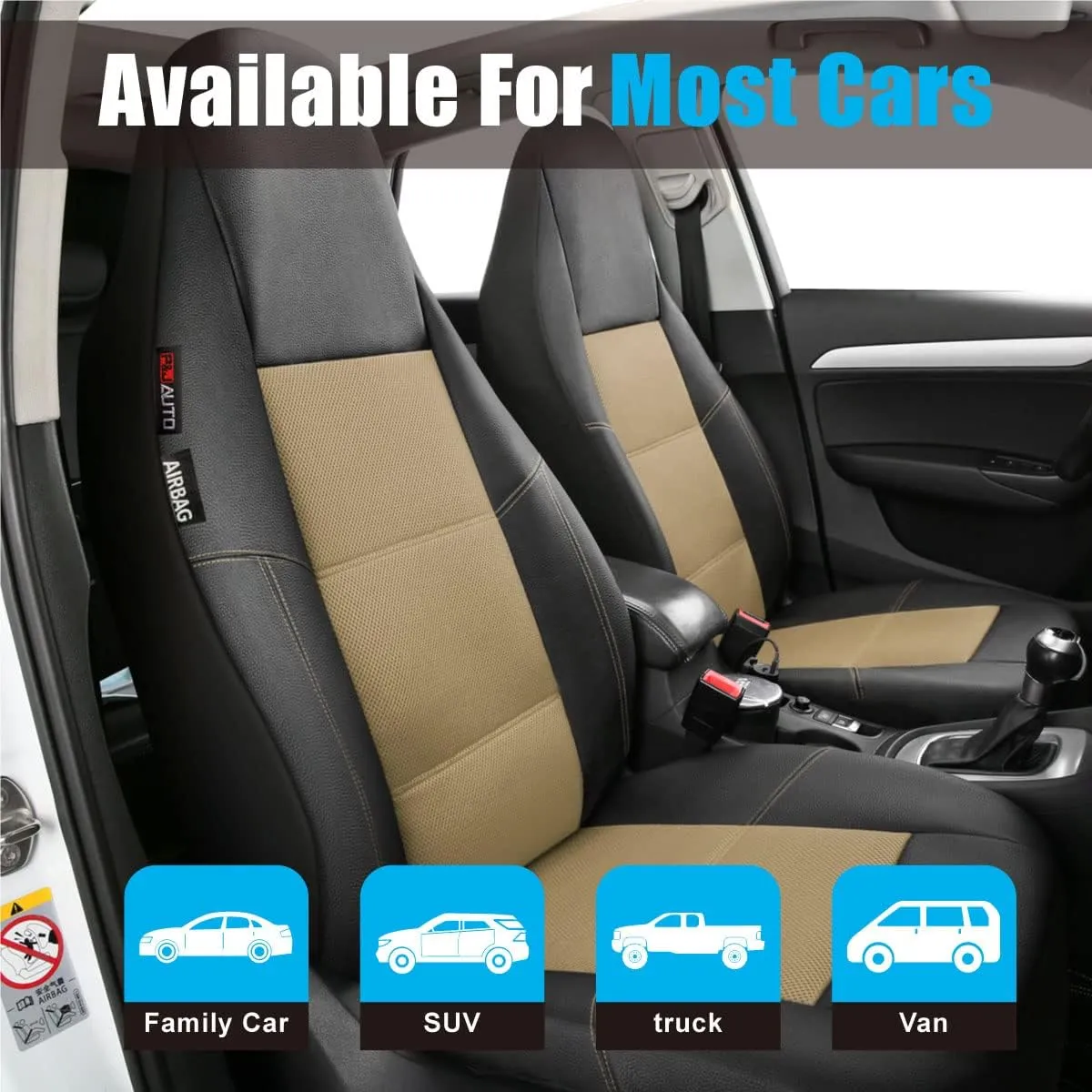 P&J AUTO Leather and Mesh High Back Car Seat Cover Front Pair Integrated Bucket Seat Airbag Compatible (Beige)