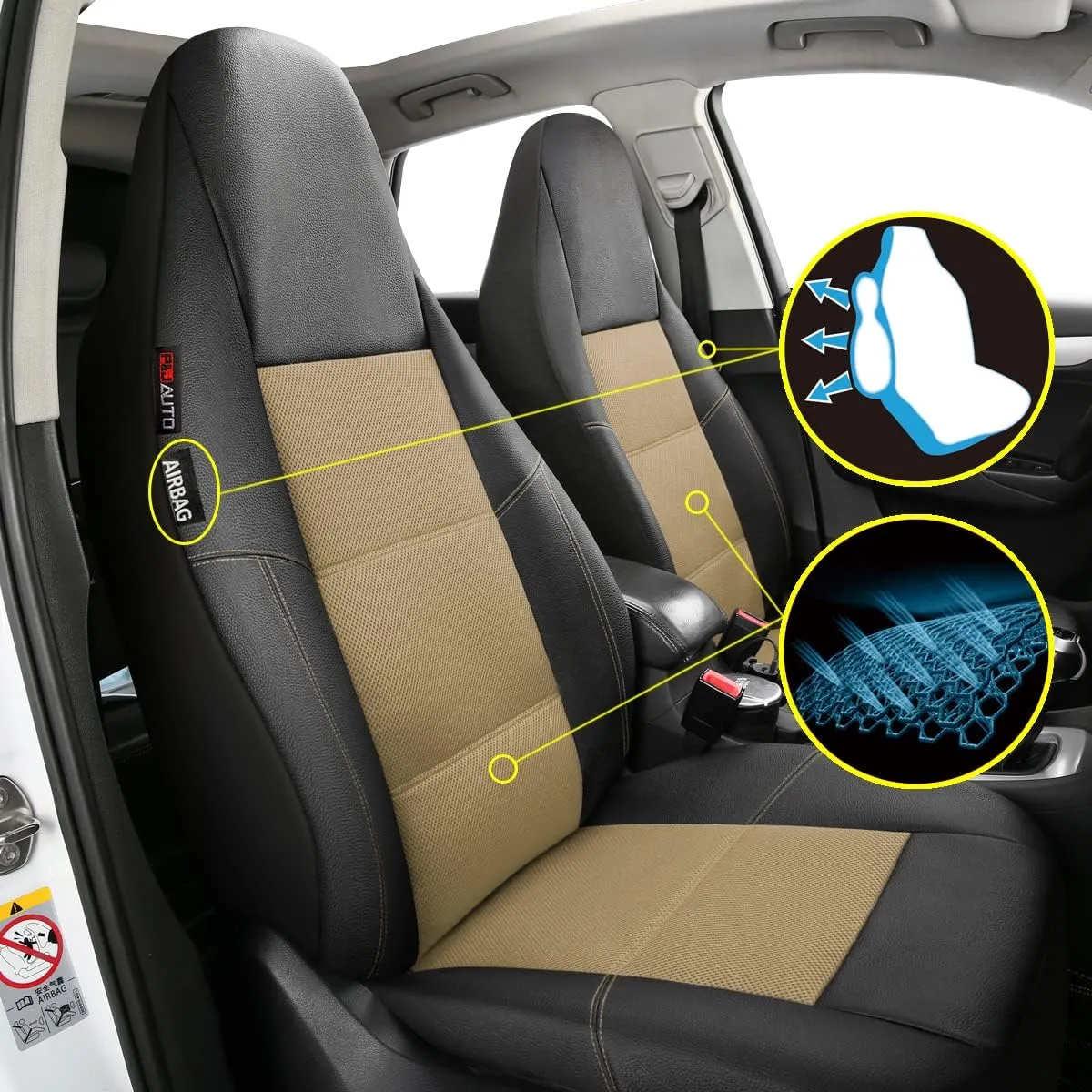 P&J AUTO Leather and Mesh High Back Car Seat Cover Front Pair Integrated Bucket Seat Airbag Compatible (Beige)