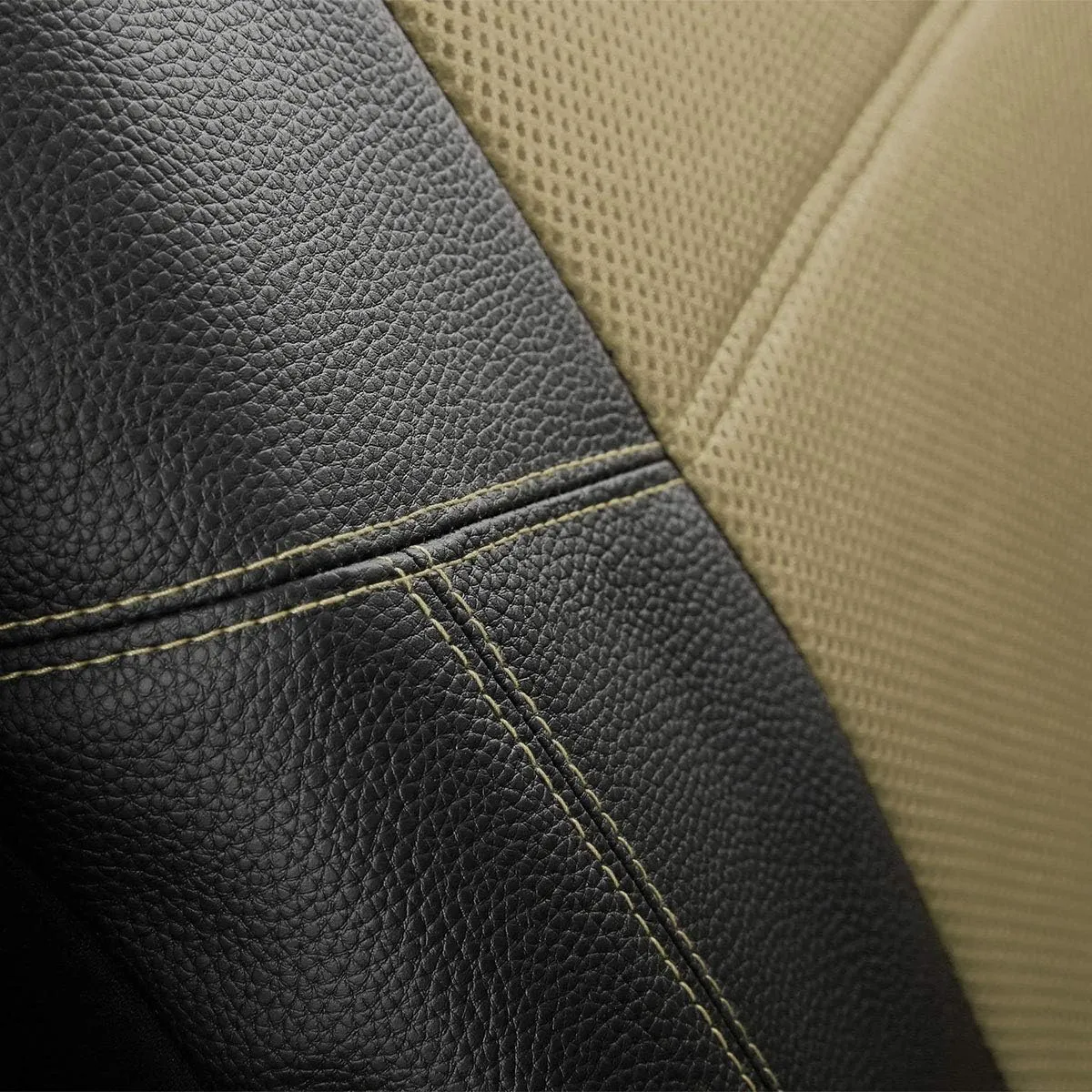 P&J AUTO Leather and Mesh High Back Car Seat Cover Front Pair Integrated Bucket Seat Airbag Compatible (Beige)