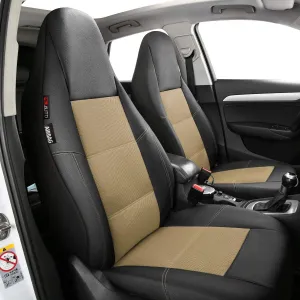 P&J AUTO Leather and Mesh High Back Car Seat Cover Front Pair Integrated Bucket Seat Airbag Compatible (Beige)