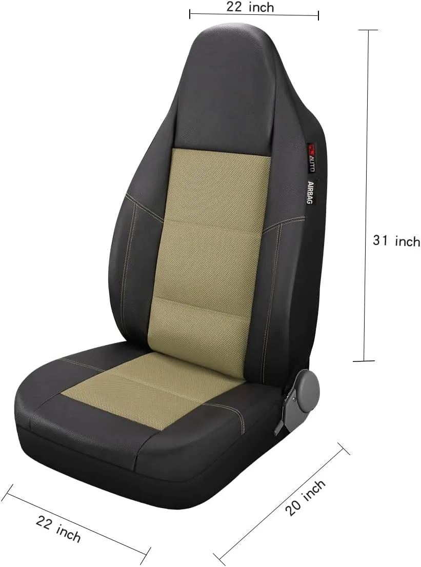 P&J AUTO Leather and Mesh High Back Car Seat Cover Front Pair Integrated Bucket Seat Airbag Compatible (Beige)