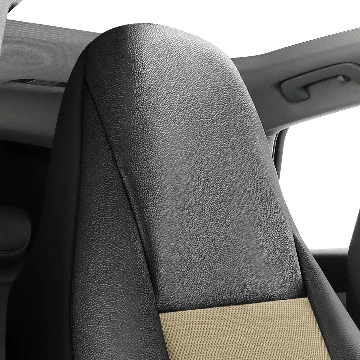 P&J AUTO Leather and Mesh High Back Car Seat Cover Front Pair Integrated Bucket Seat Airbag Compatible (Beige)