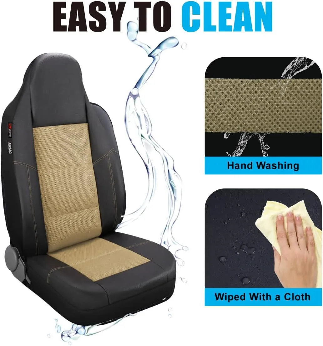 P&J AUTO Leather and Mesh High Back Car Seat Cover Front Pair Integrated Bucket Seat Airbag Compatible (Beige)