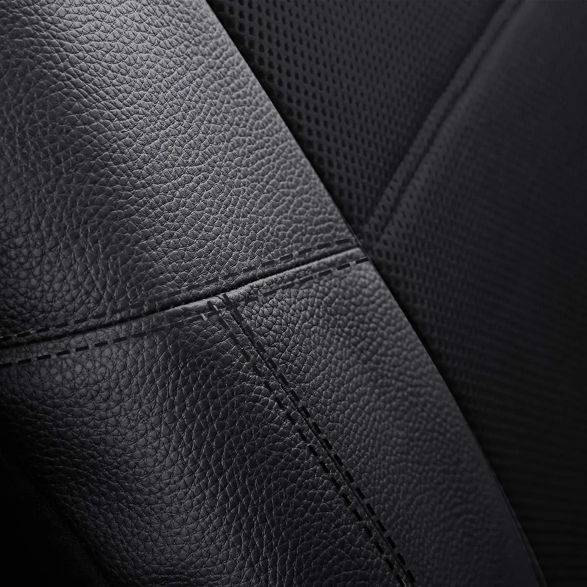 P&J AUTO Leather and Mesh High Back Car Seat Cover Front Pair Integrated Bucket Seat Airbag Compatible (Black)