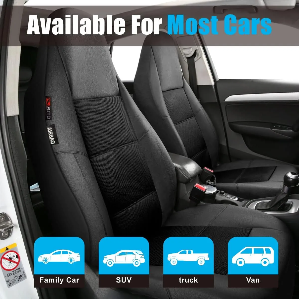 P&J AUTO Leather and Mesh High Back Car Seat Cover Front Pair Integrated Bucket Seat Airbag Compatible (Black)
