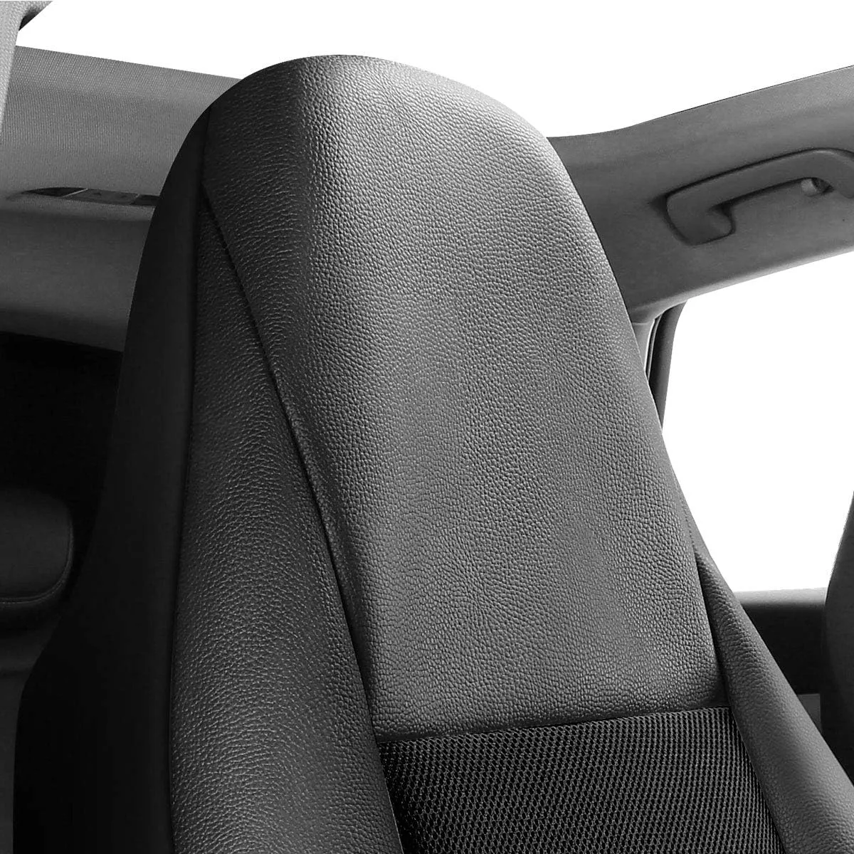 P&J AUTO Leather and Mesh High Back Car Seat Cover Front Pair Integrated Bucket Seat Airbag Compatible (Black)