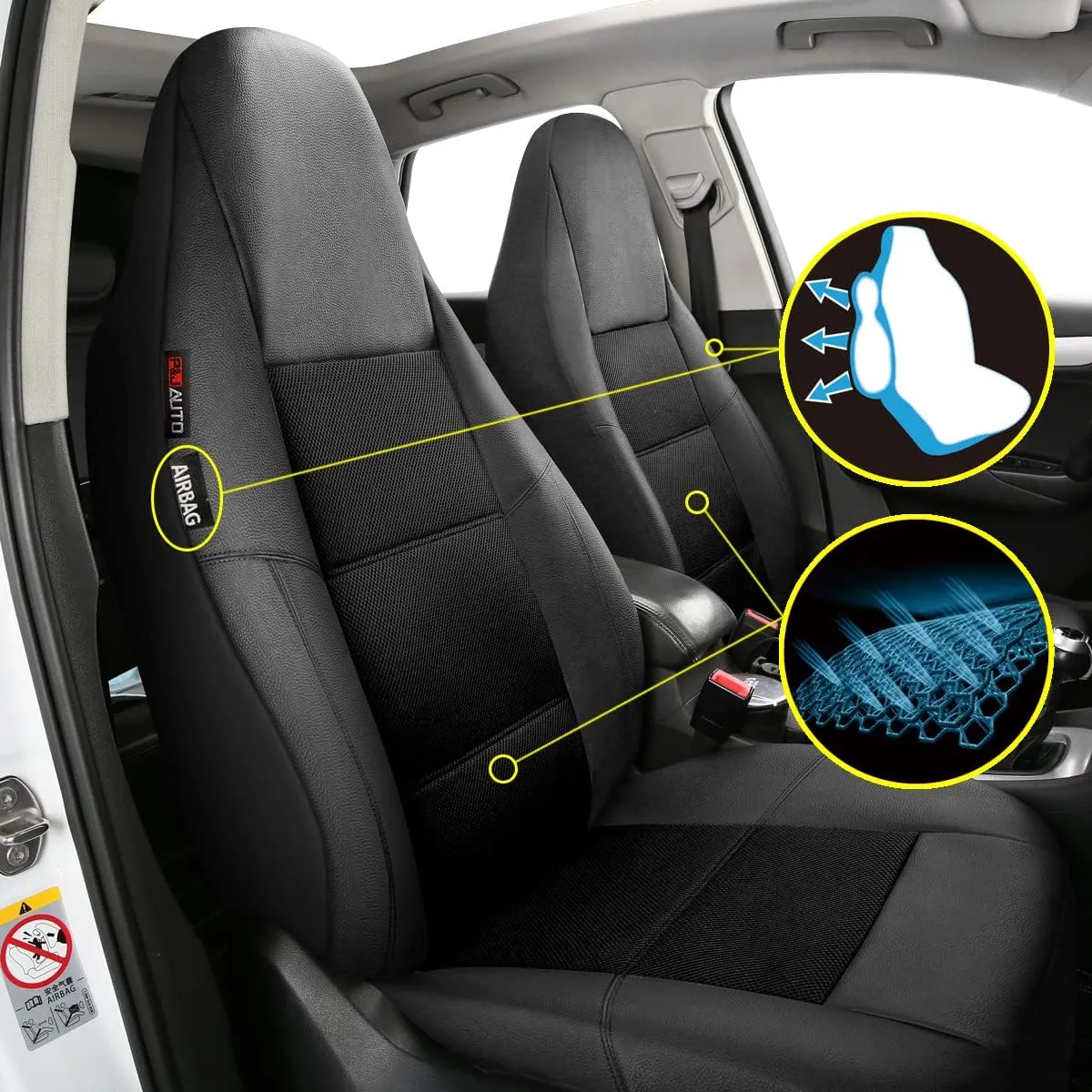 P&J AUTO Leather and Mesh High Back Car Seat Cover Front Pair Integrated Bucket Seat Airbag Compatible (Black)