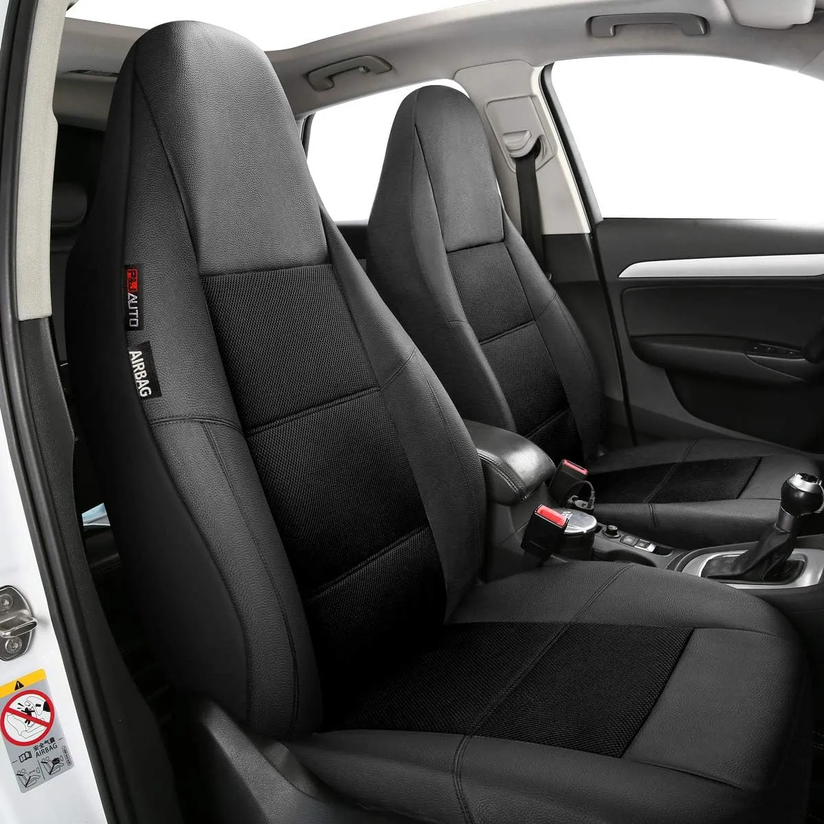 P&J AUTO Leather and Mesh High Back Car Seat Cover Front Pair Integrated Bucket Seat Airbag Compatible (Black)