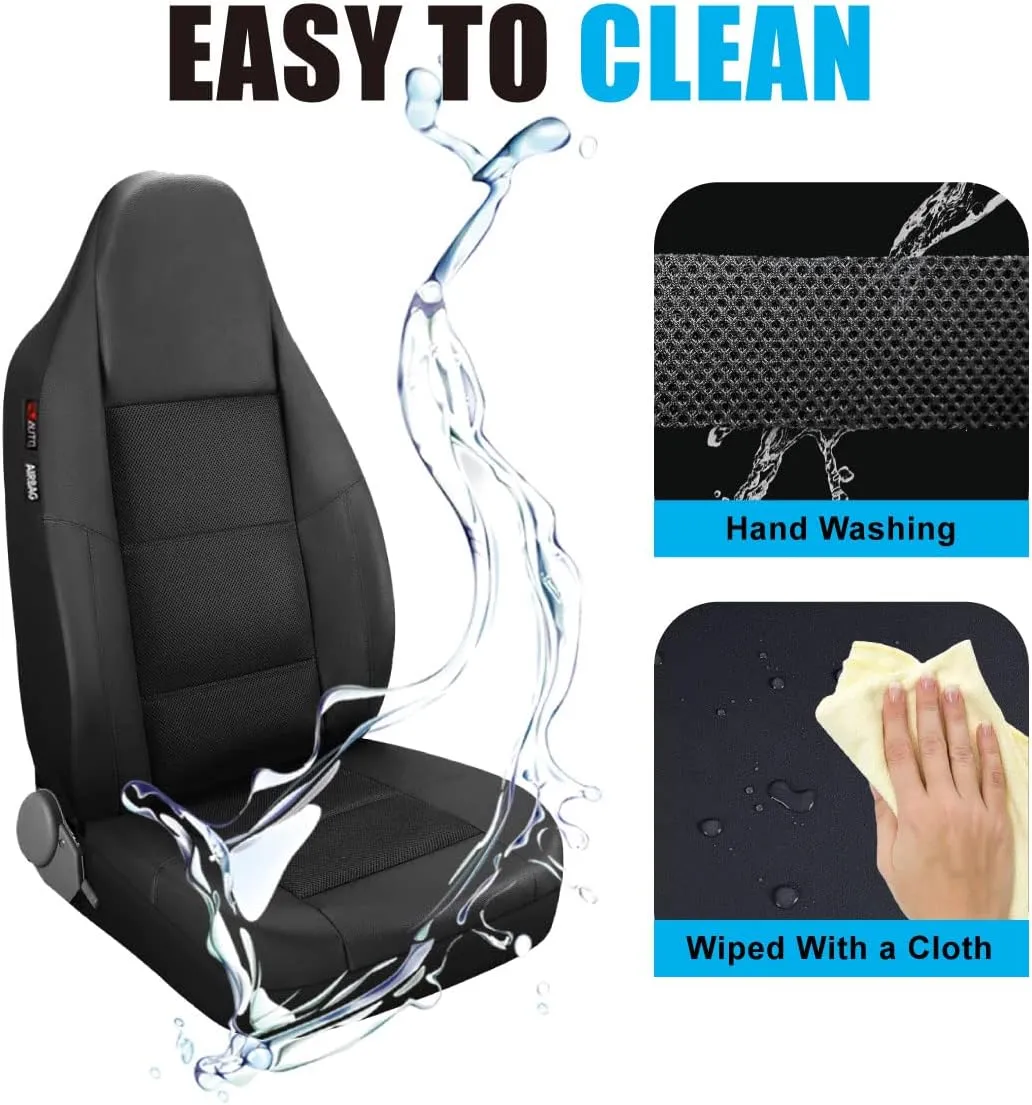 P&J AUTO Leather and Mesh High Back Car Seat Cover Front Pair Integrated Bucket Seat Airbag Compatible (Black)