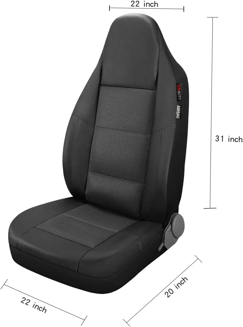 P&J AUTO Leather and Mesh High Back Car Seat Cover Front Pair Integrated Bucket Seat Airbag Compatible (Black)