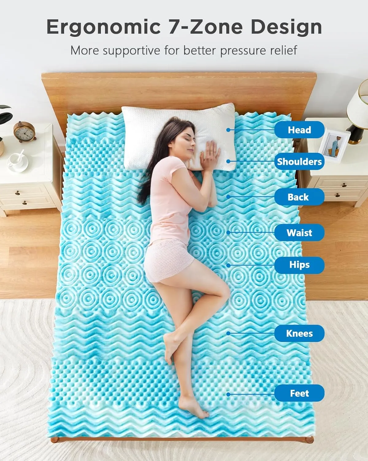 PERLECARE 4 Inch 7-Zone Full Memory Foam Mattress Topper, Cooling Gel Mattress Topper with Airflow Channels, CertiPUR-US Certified Egg Crate Bed Topper for Body Pressure Relief, Full