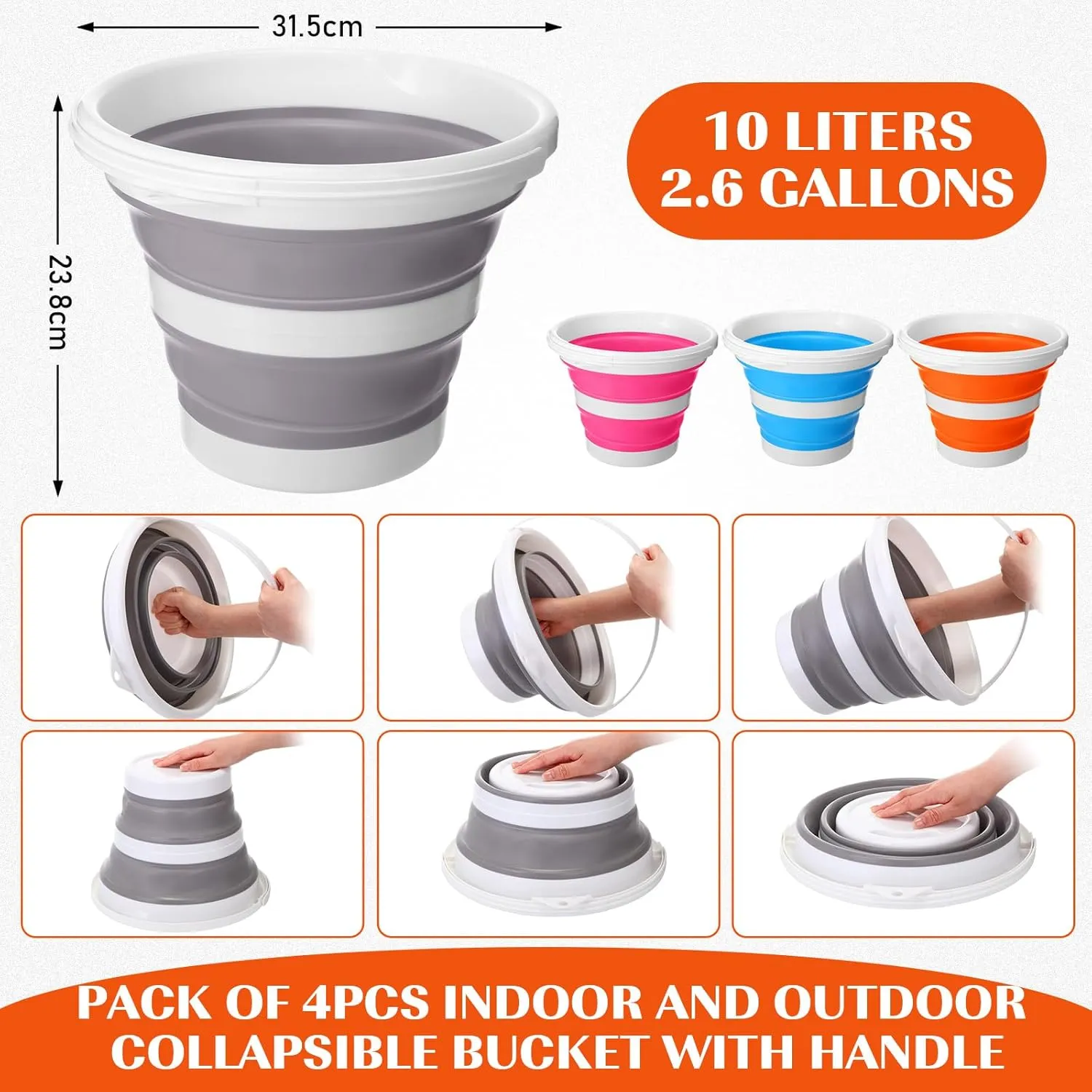 Pickmesh 4 Pcs Collapsible Bucket Portable Ice Bucket 2.6 Gallon (10l) Large Capacity Household Cleaning Dust Mops Outdoor Fishing Car Wash(Blue, Pink, Orange, Gray)