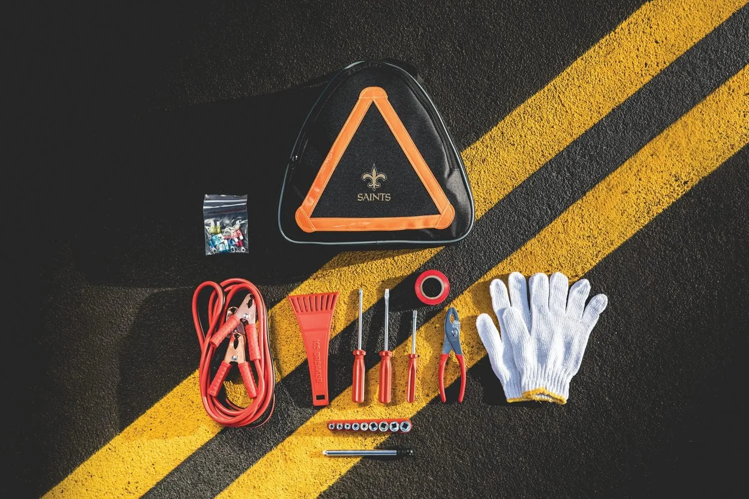 PICNIC TIME NFL Roadside Emergency Car Kit, Auto Vehicle Safety Road Side Assistance with Jumper Cables and Car Tool Kit, (Black with Orange Accents)