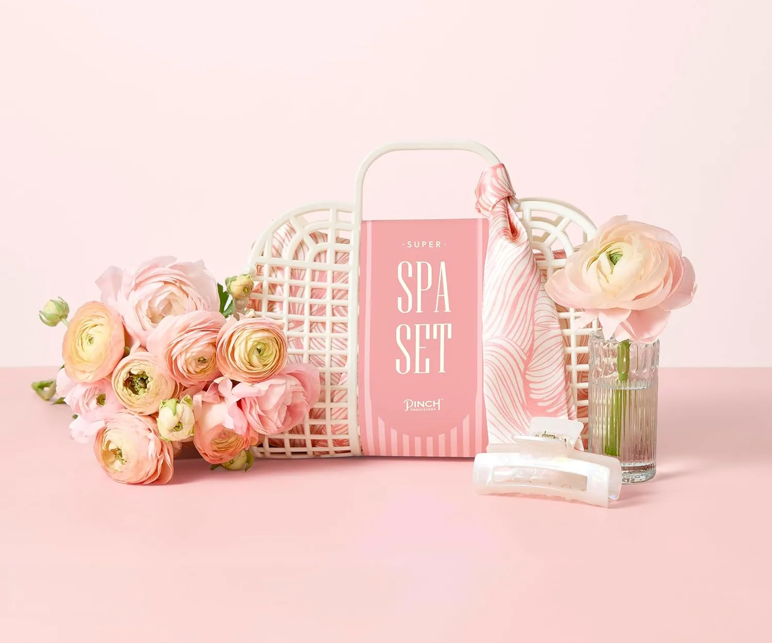 Pinch Provisions Jelly Tote Super Spa Set, 8pc Full Body Skin Care Kit, Home Spa Gift Set, Skin & Hair Care Accessories with Facial Roller, Scalp Massager, Lavendar Shower Steamer & More! (Coral)
