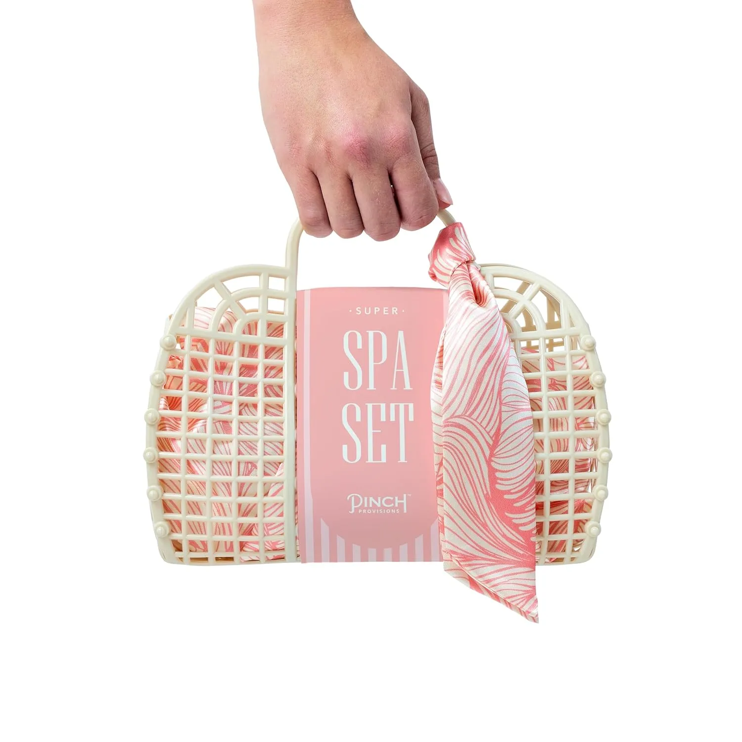 Pinch Provisions Jelly Tote Super Spa Set, 8pc Full Body Skin Care Kit, Home Spa Gift Set, Skin & Hair Care Accessories with Facial Roller, Scalp Massager, Lavendar Shower Steamer & More! (Coral)