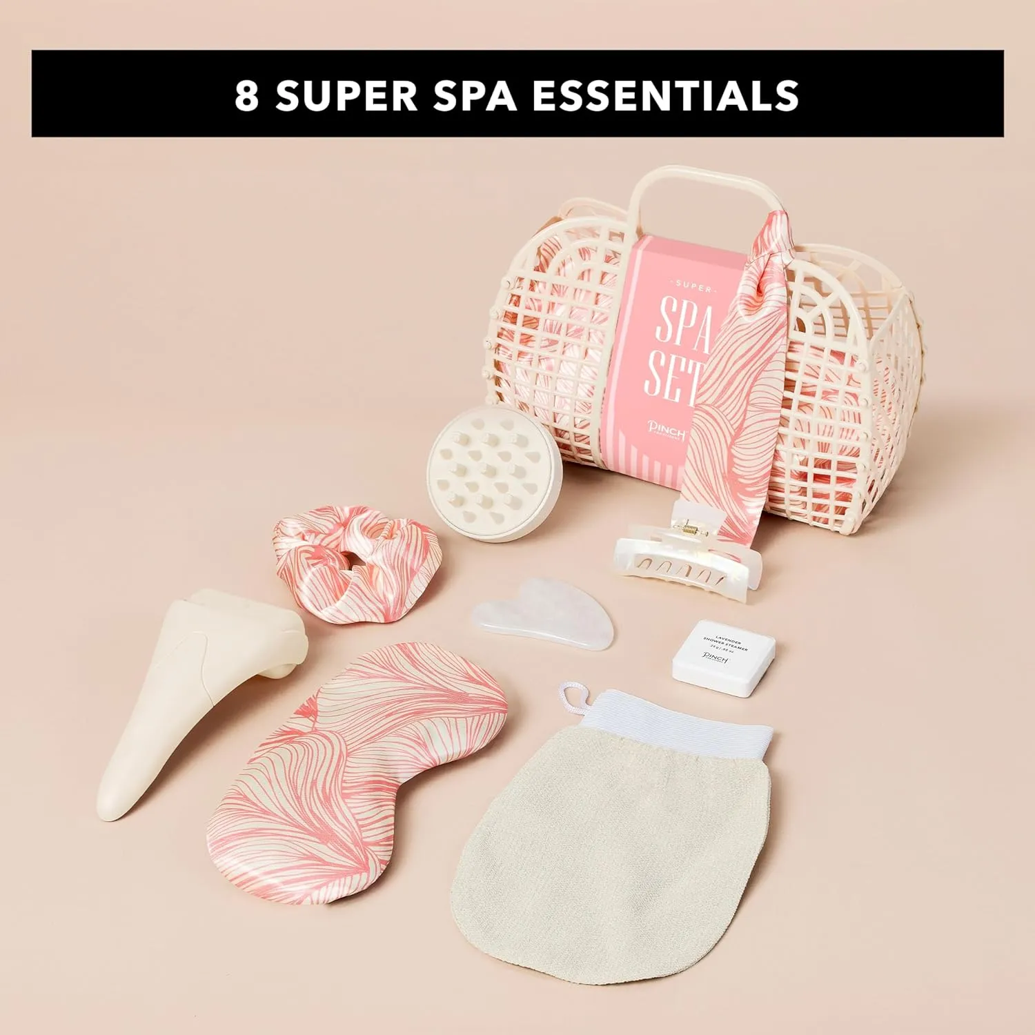 Pinch Provisions Jelly Tote Super Spa Set, 8pc Full Body Skin Care Kit, Home Spa Gift Set, Skin & Hair Care Accessories with Facial Roller, Scalp Massager, Lavendar Shower Steamer & More! (Coral)