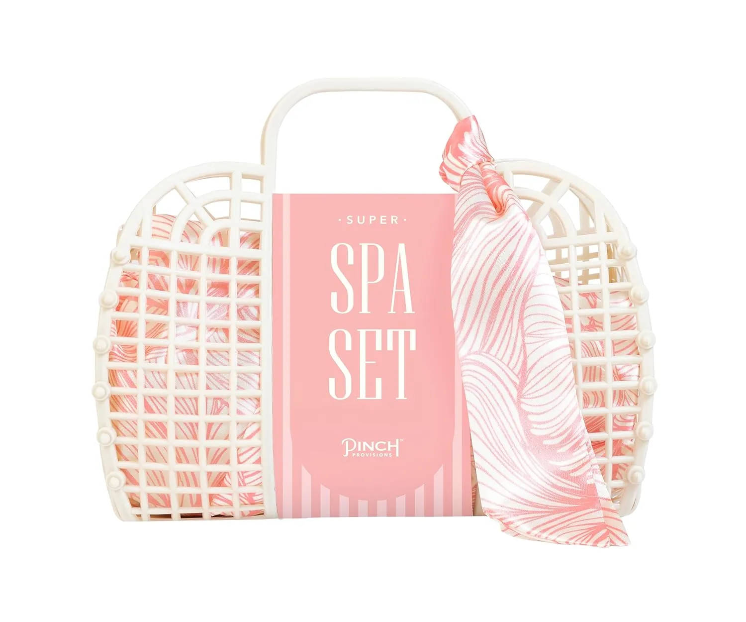 Pinch Provisions Jelly Tote Super Spa Set, 8pc Full Body Skin Care Kit, Home Spa Gift Set, Skin & Hair Care Accessories with Facial Roller, Scalp Massager, Lavendar Shower Steamer & More! (Coral)