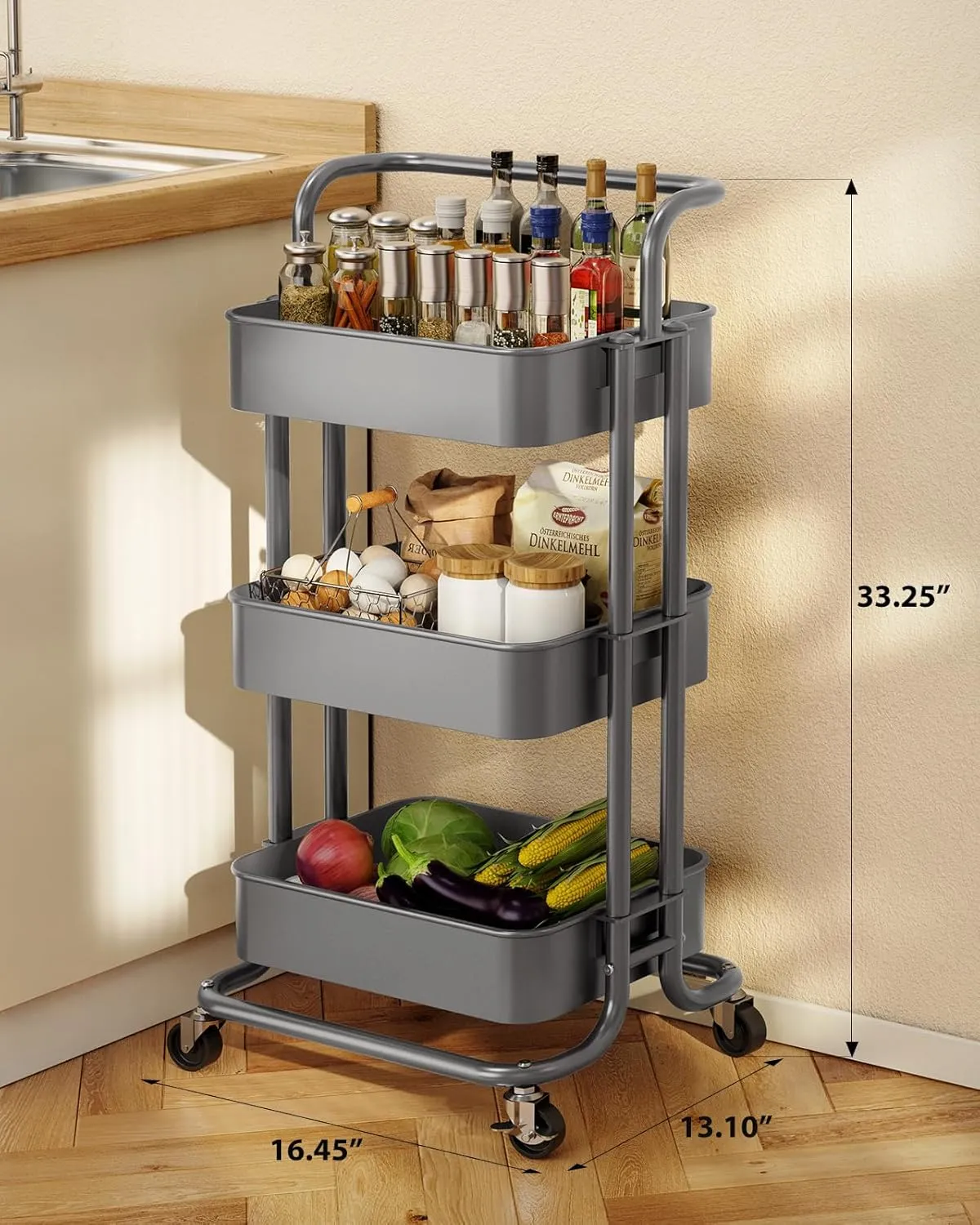 Pipishell 3 Tier Mesh Utility Cart, Rolling Metal Organization Cart with Handle and Lockable Wheels, Multifunctional Storage Shelves for Kitchen Living Room Office Grey