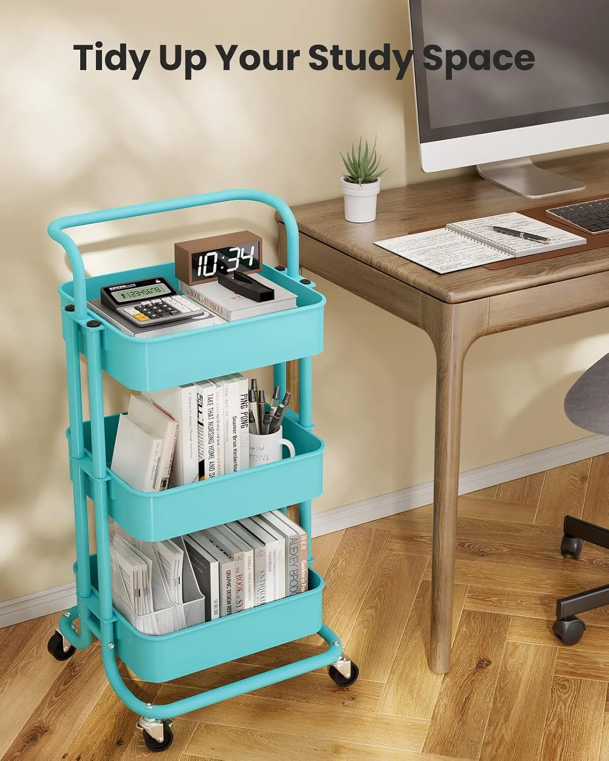 Pipishell 3 Tier Mesh Utility Cart, Rolling Metal Organization Cart with Handle and Lockable Wheels, Multifunctional Storage Shelves for Kitchen Living Room Office Turquoise