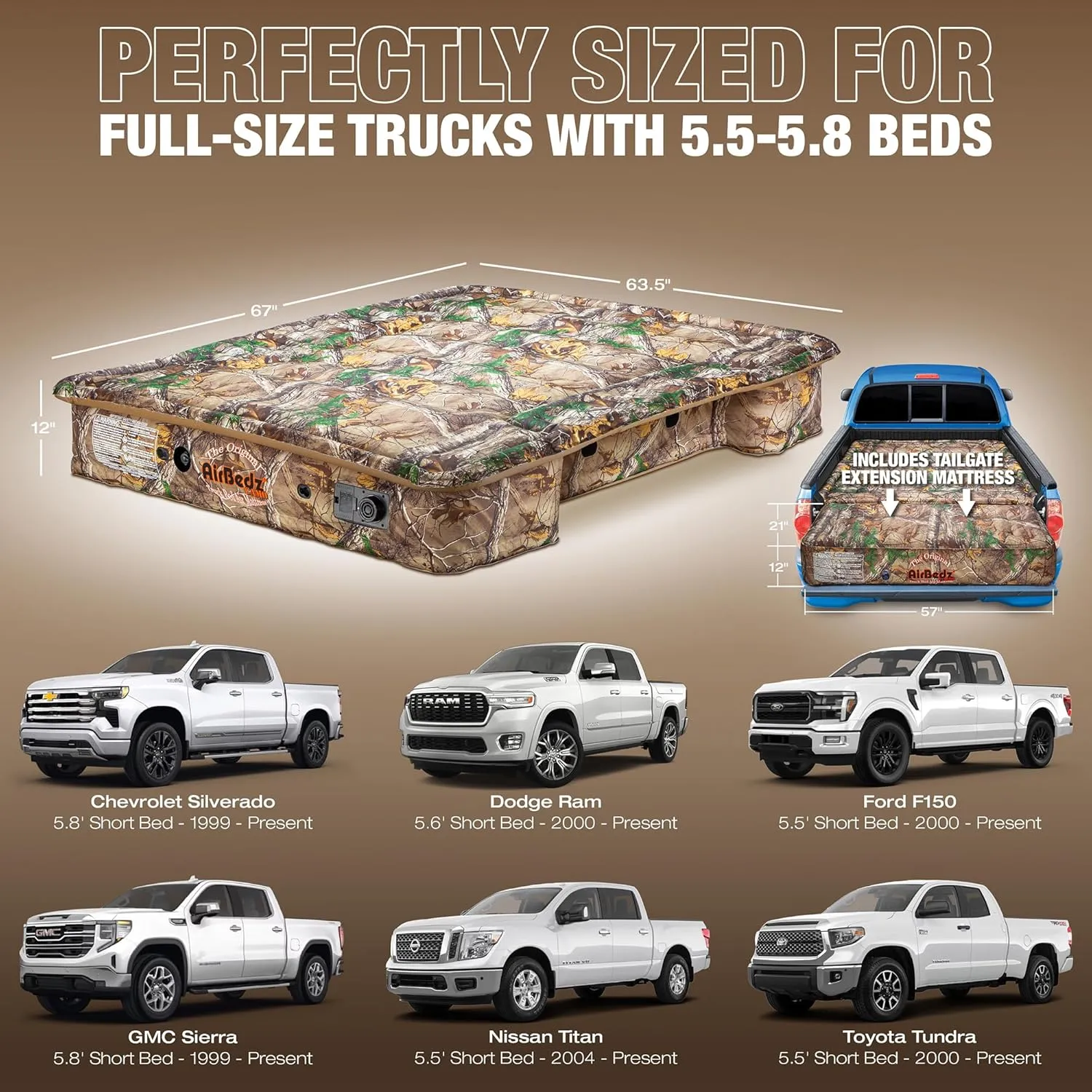 Pittman - Truck Bed Mattress 5.5 ft > 5.8ft - The Original Airbedz Truck Bed Air Mattress 5.8 > 5.5 ft - for Full Size Short Pickups, 25% More Coverage for Comfortable Pickup Camping