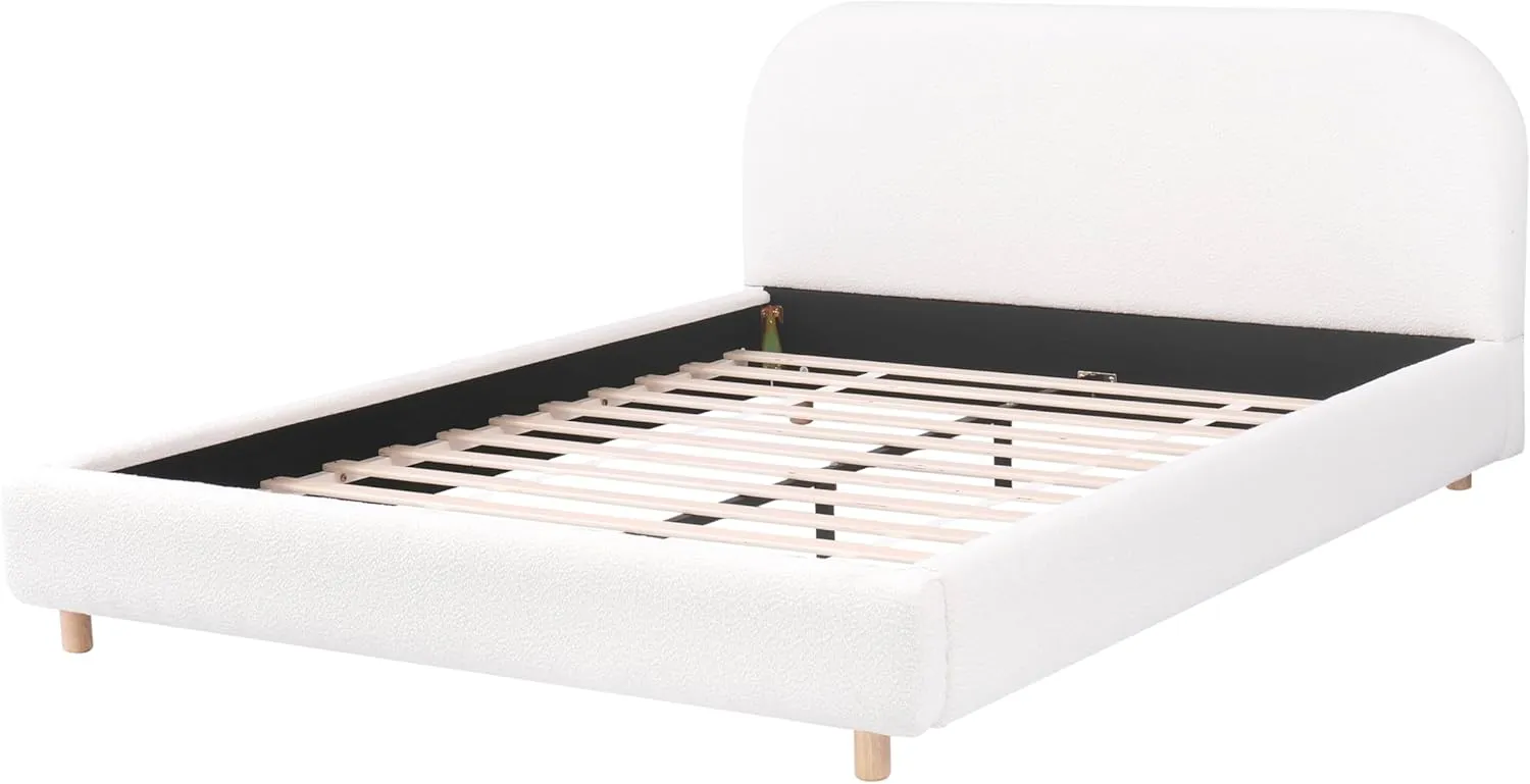 Platform Bed with Boucle Fabric, Boucle Fabric Upholstered Platform Bed with Curve-Shaped Design Headboard, White, Easy Assembly (White~, Queen)