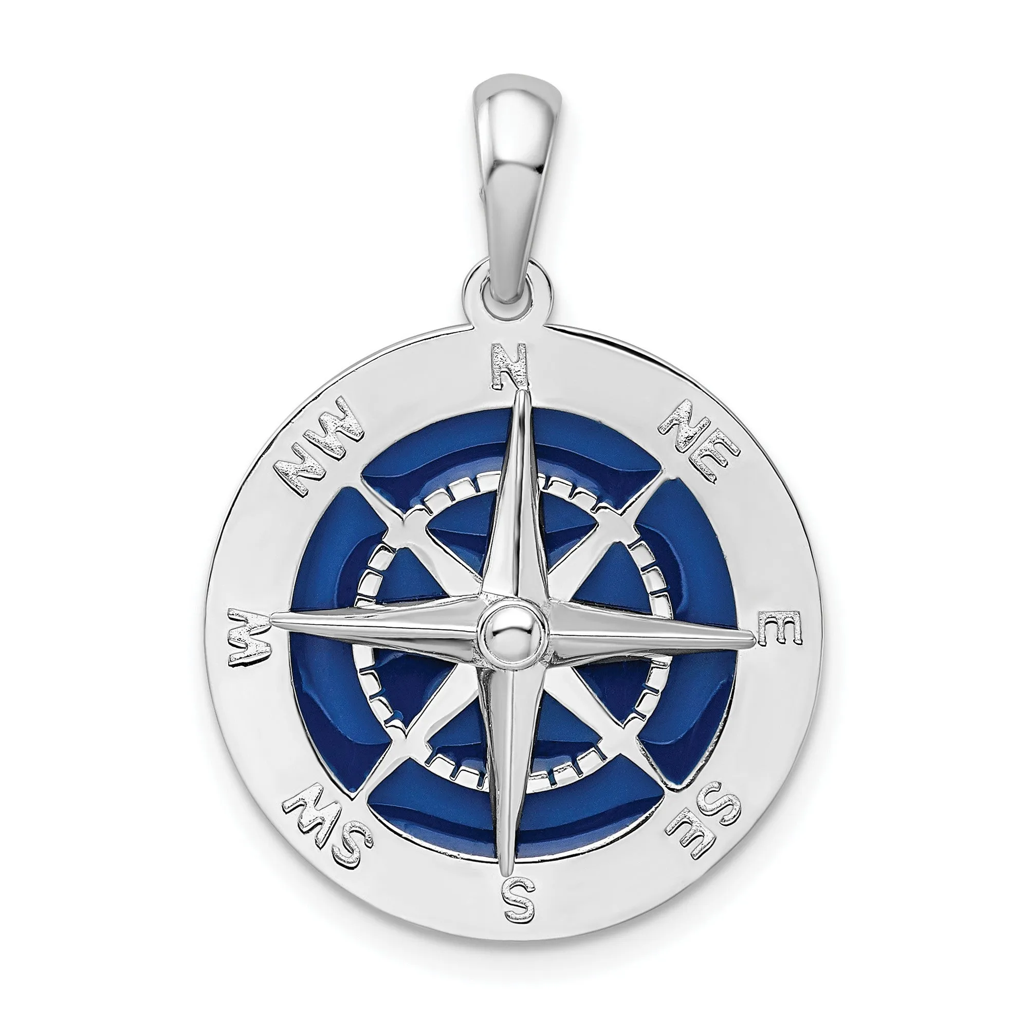 Polished Enameled Large Compass Charm Pendant in Real 925 Sterling Silver