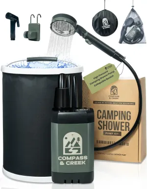 Portable Camping Shower Pump - Electric High Pressure Outdoor Camp Shower Kit with 3.9 Gal Collapsible Bucket - USB Rechargeable Pump with 90-Min Battery - for RV, Beach Hiking & The Outdoors