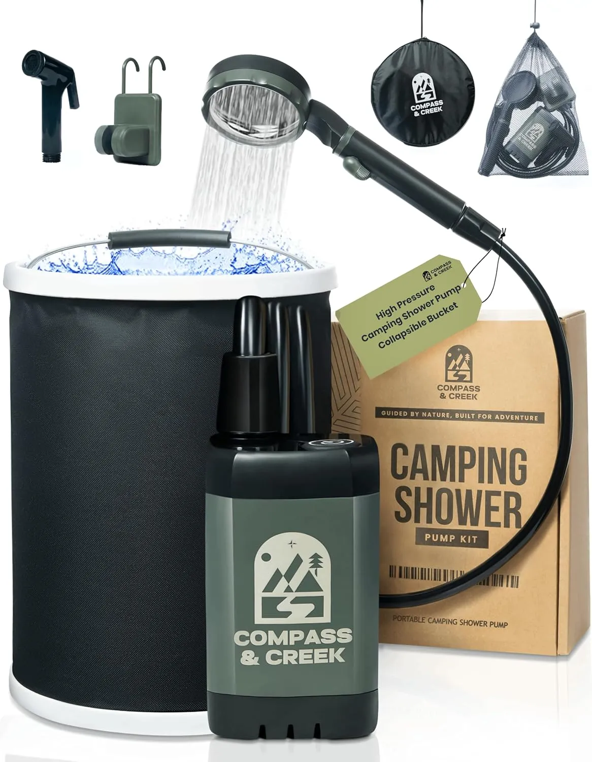 Portable Camping Shower Pump - Electric High Pressure Outdoor Camp Shower Kit with 3.9 Gal Collapsible Bucket - USB Rechargeable Pump with 90-Min Battery - for RV, Beach Hiking & The Outdoors