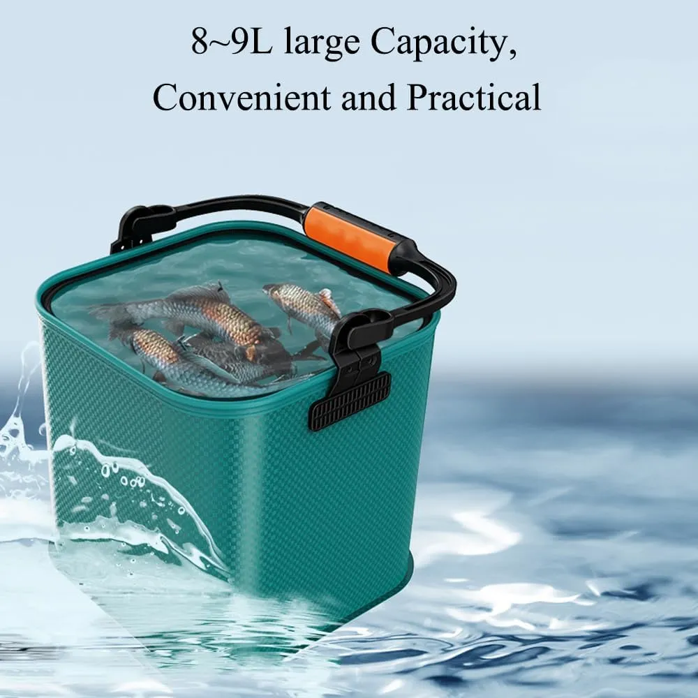 Portable EVA Fishing Bucket Collapsible Water Pail 8-9L Green/Black/Blue Models for Freshwater, Saltwater Fishing and Camping, Hiking (Green Regular)