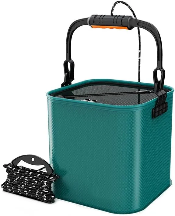 Portable EVA Fishing Bucket Collapsible Water Pail 8-9L Green/Black/Blue Models for Freshwater, Saltwater Fishing and Camping, Hiking (Green Regular)