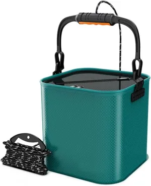 Portable EVA Fishing Bucket Collapsible Water Pail 8-9L Green/Black/Blue Models for Freshwater, Saltwater Fishing and Camping, Hiking (Green Regular)